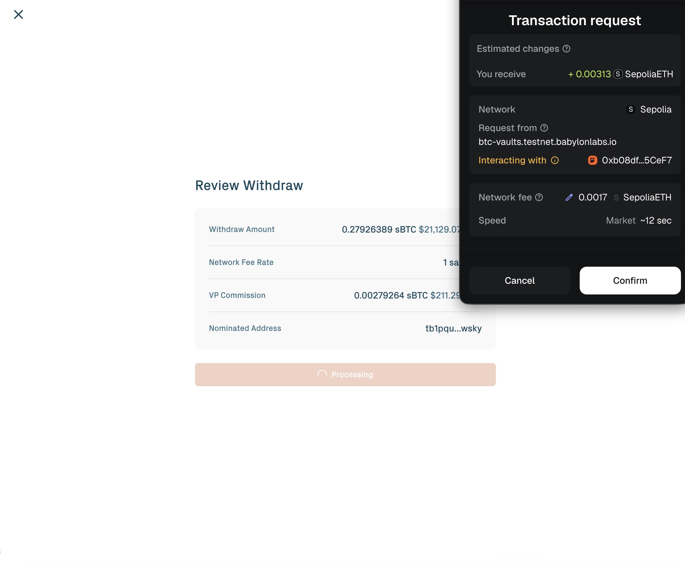 Withdraw MetaMask transaction request