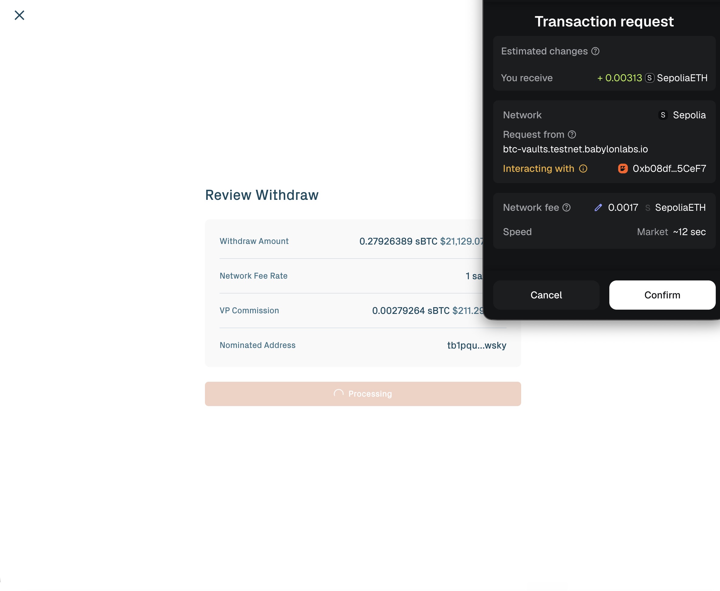 Withdraw MetaMask transaction request