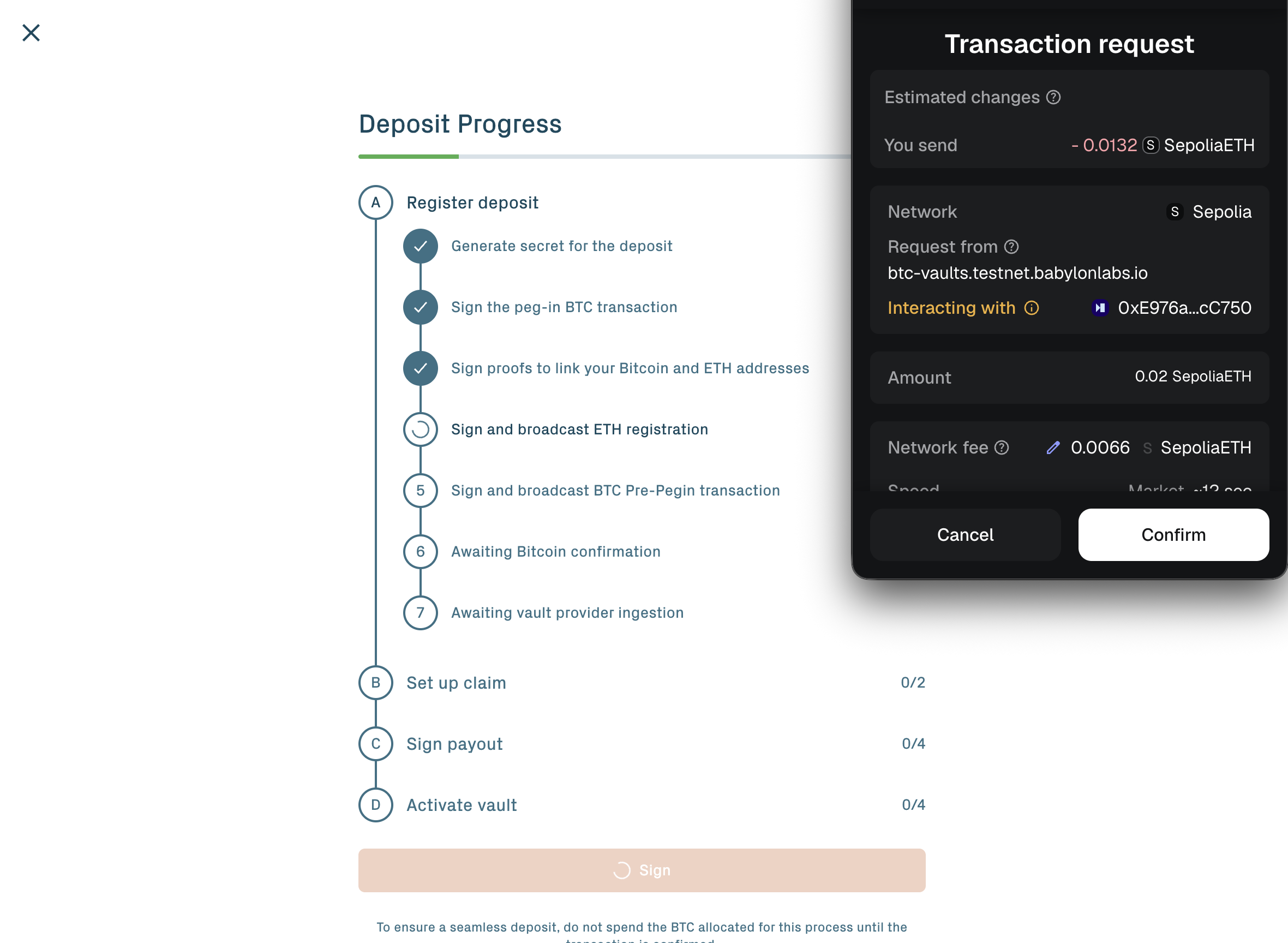 Submit peg-in request on Ethereum