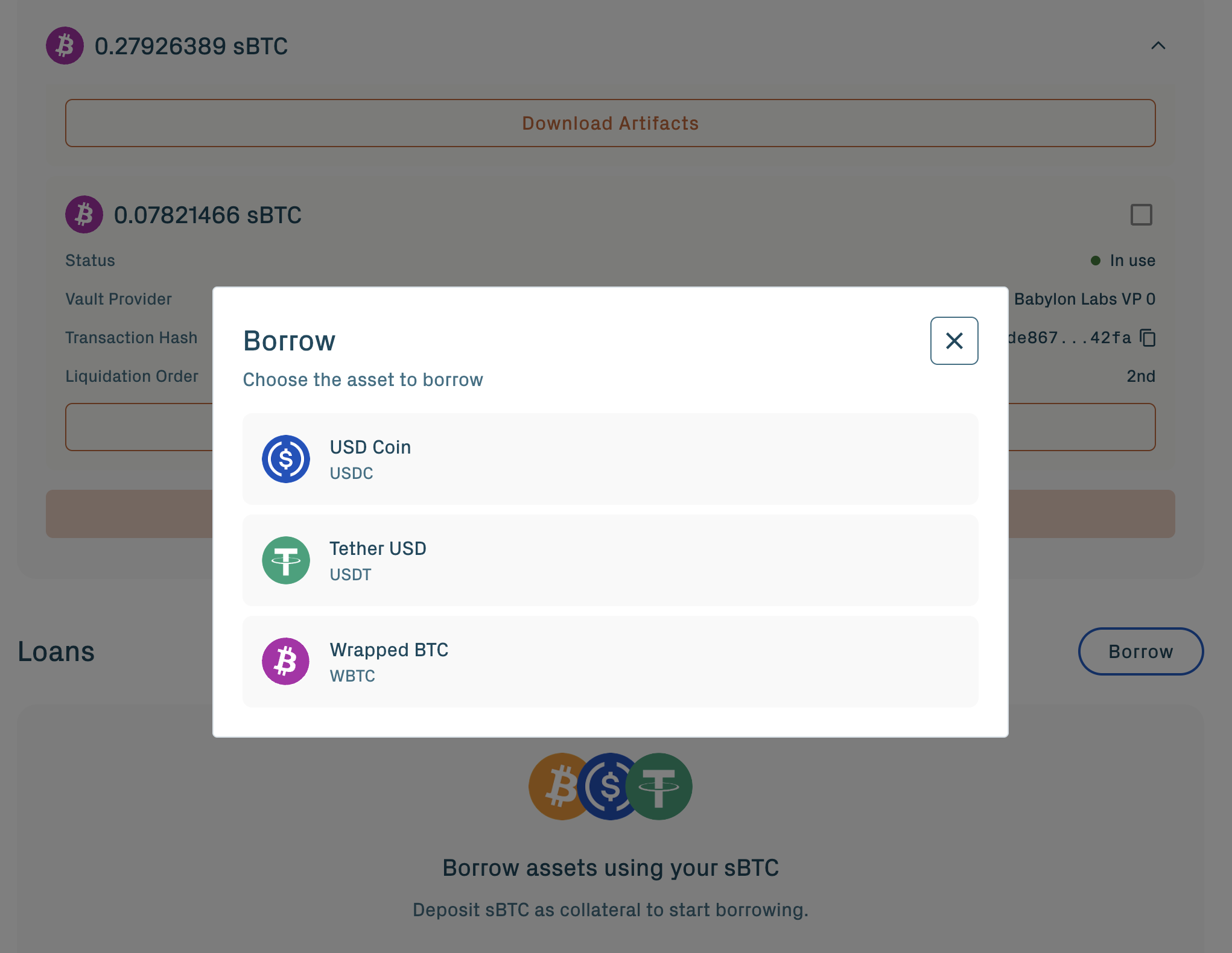 Borrow modal — select asset