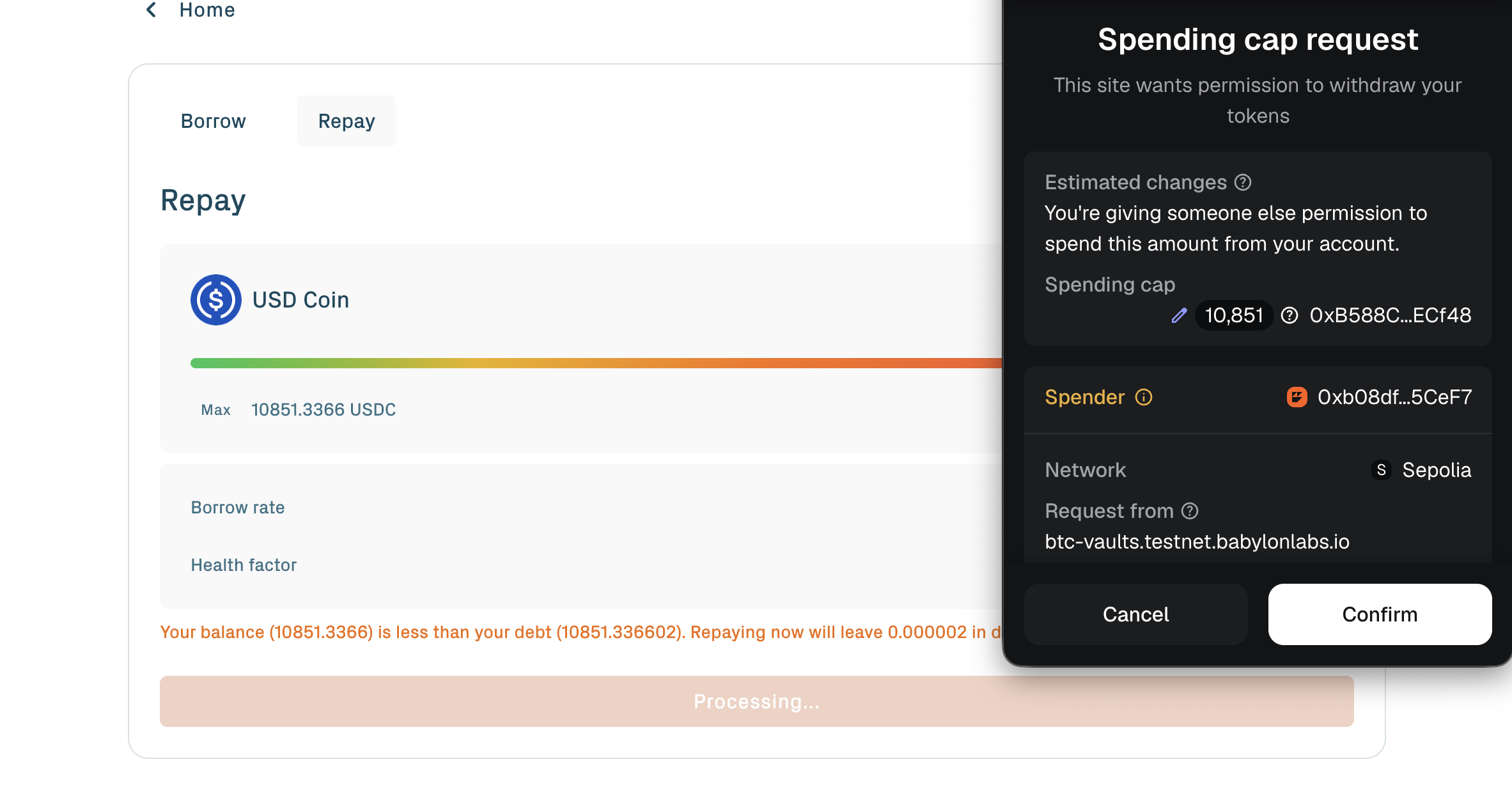 Repay MetaMask transaction request